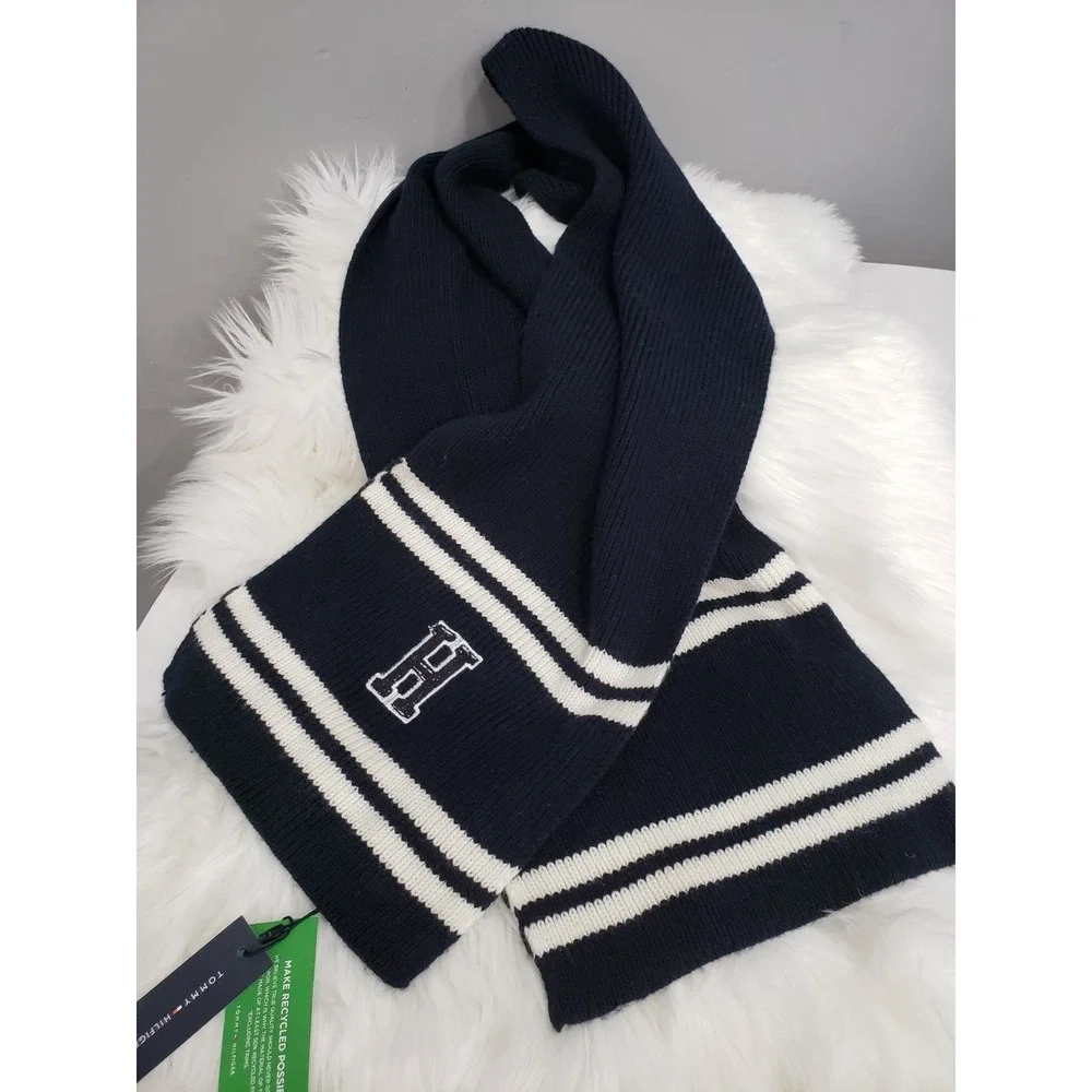 Tommy Hilfiger Varsity Patch Ribbed Knit Unisex Scarf Navy Blue Academic Preppy